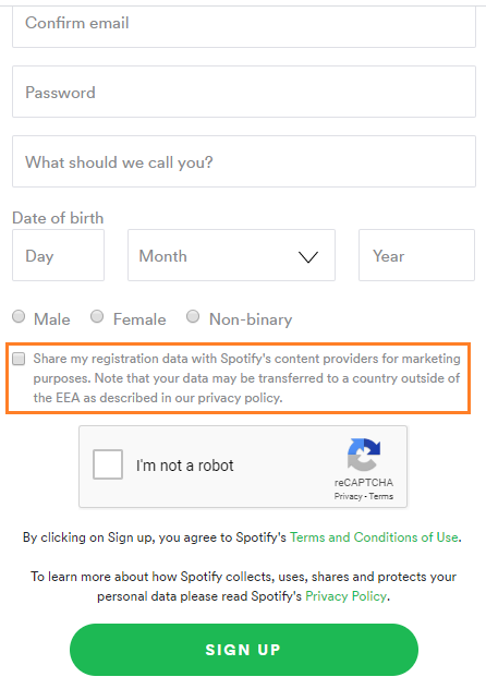 Spotify sign up opt-in
