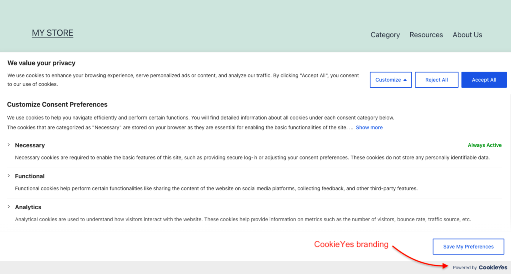 Website cookie banner before disabling CookieYes branding