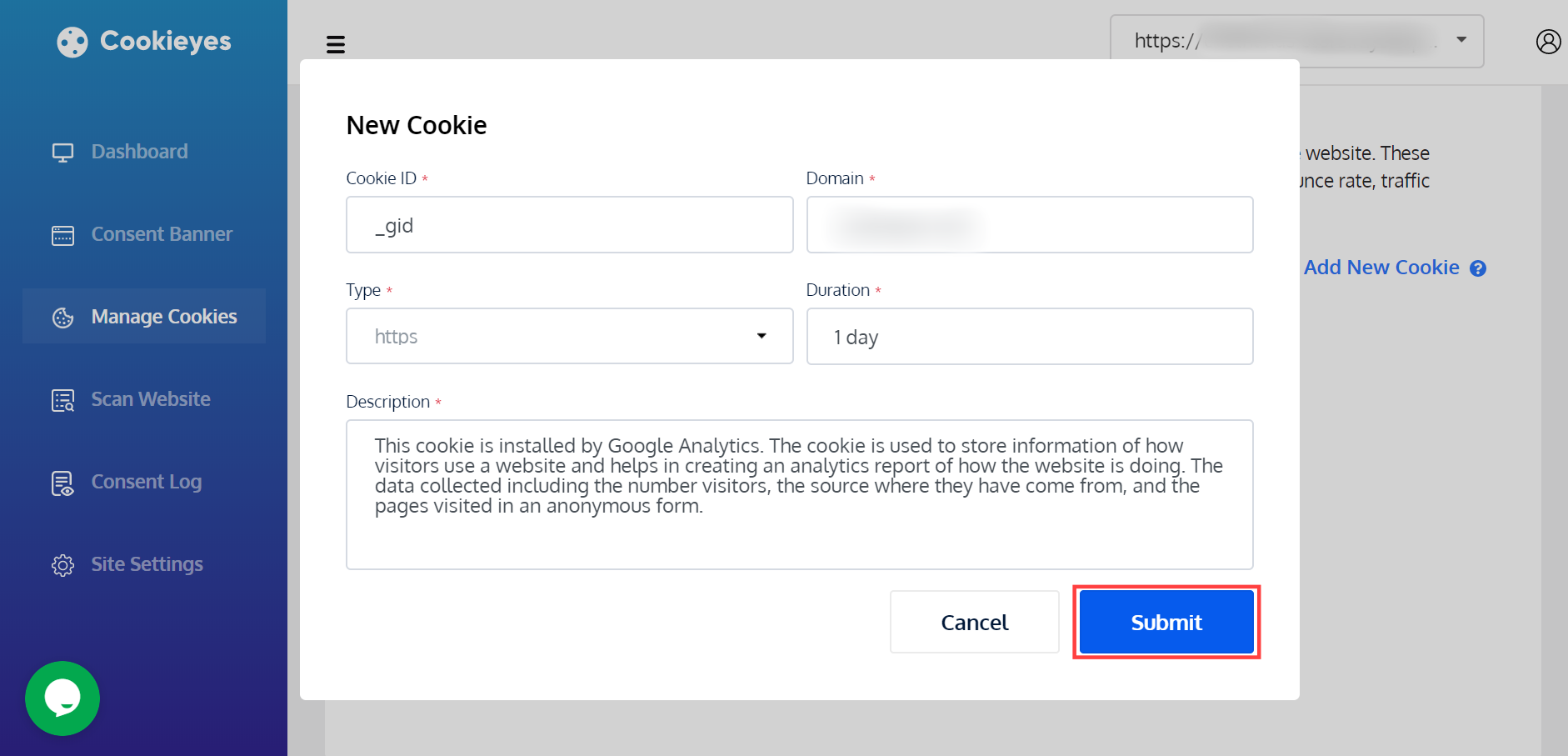 CookieYes - Add new cookie