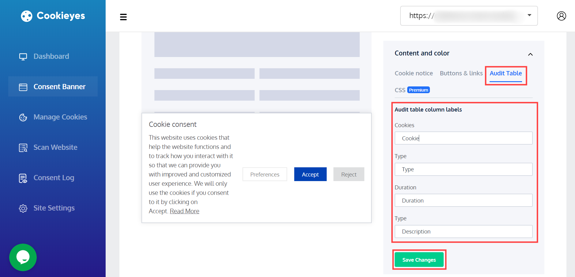 CookieYes - Audit table customization