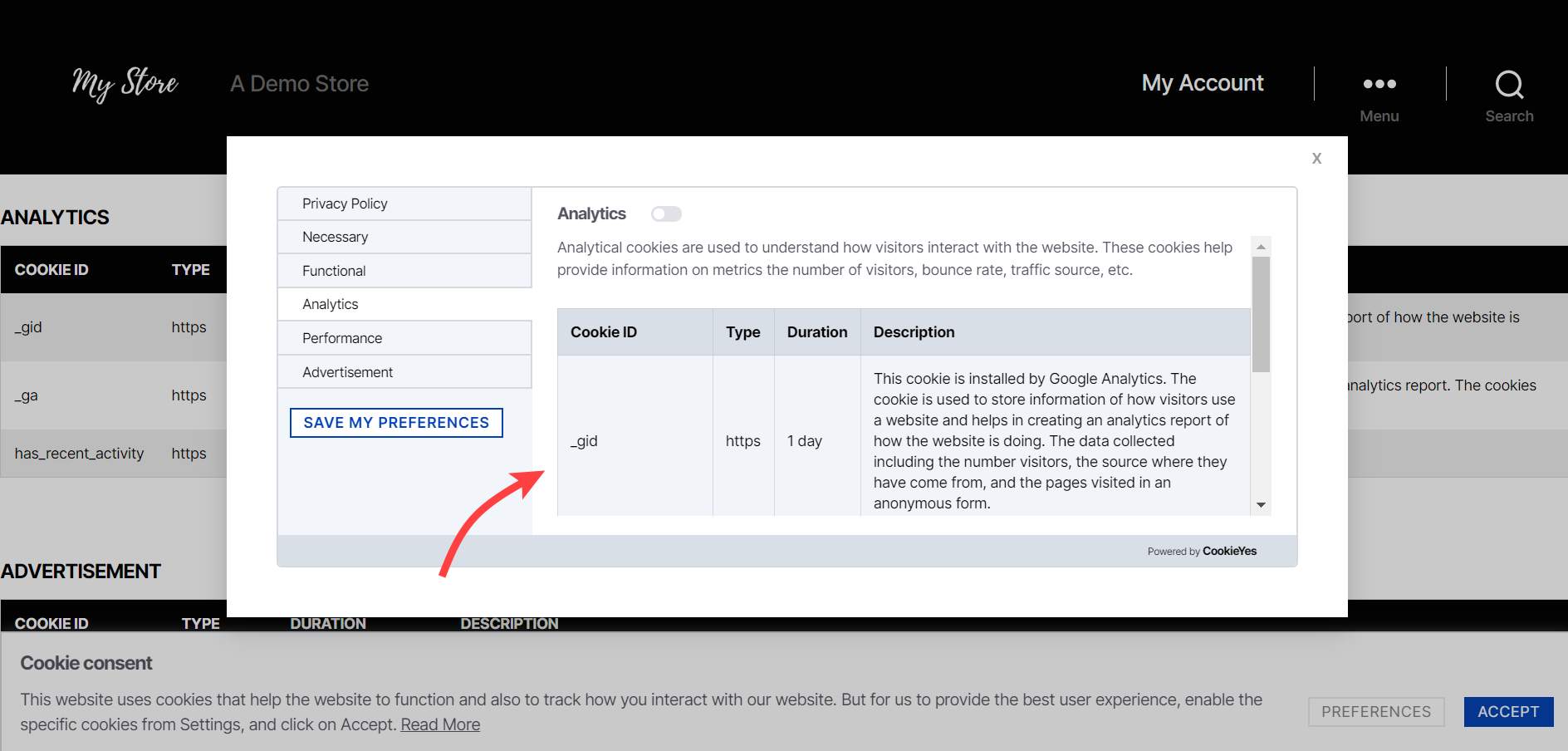 WordPress site-CookieYes cookie audit table in Preferences