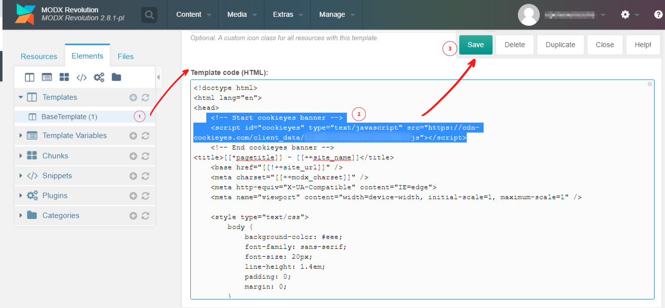 modx editor with cookieyes code