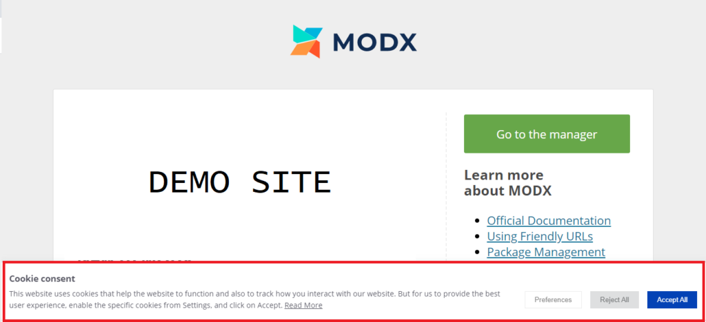modx homepage with cookieyes banner