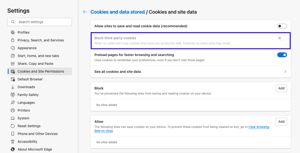 block third-party tracking cookies on microsoft edge