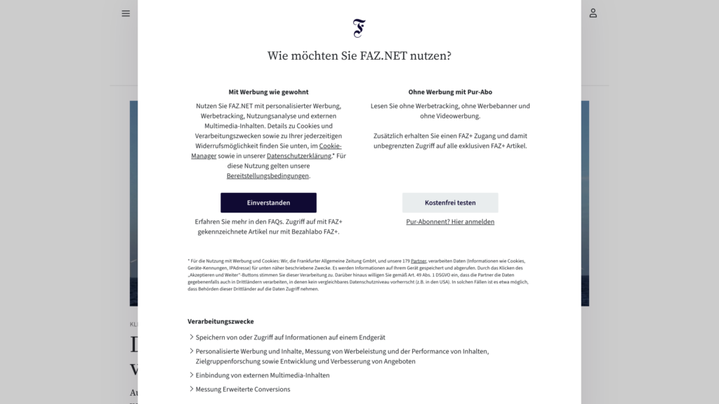 Cookie paywall on the website faz.net