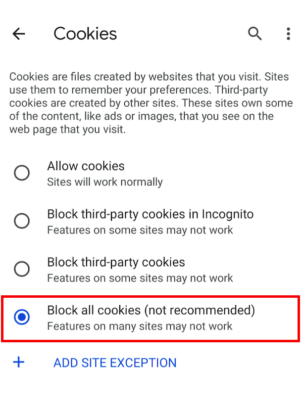 How to block cookies on Android