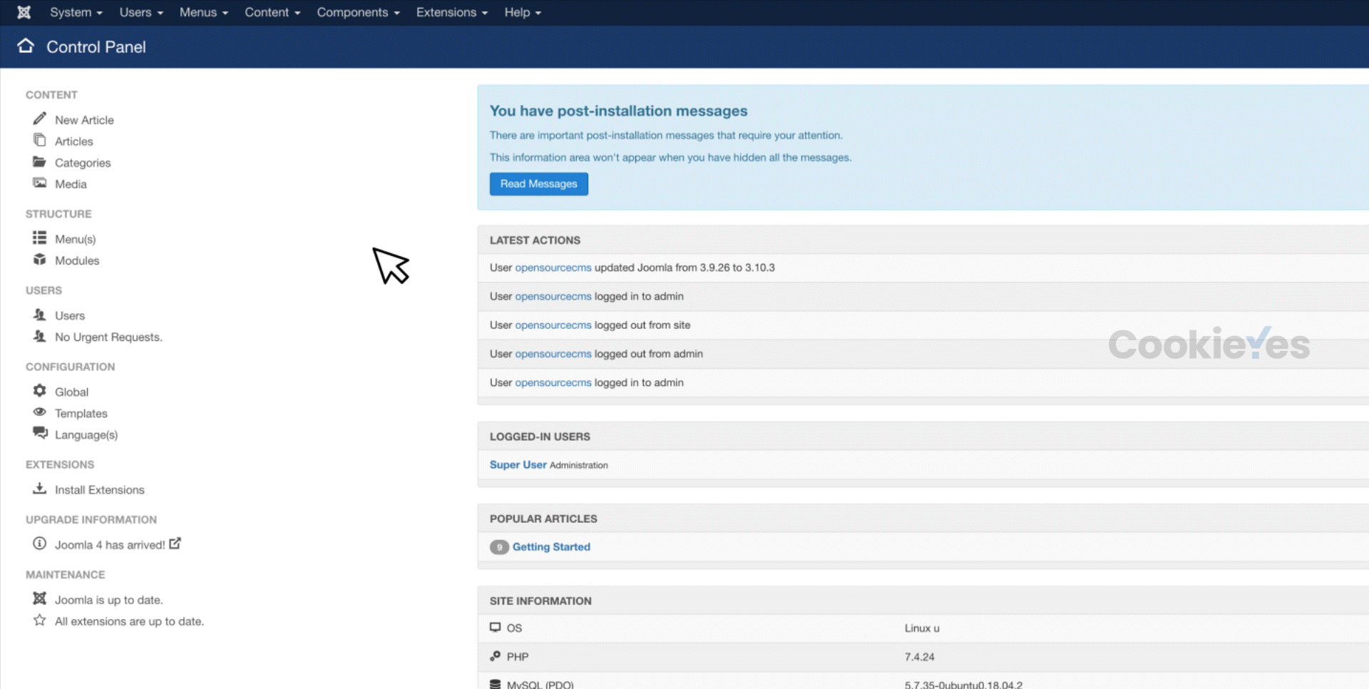 step 1 cookie banner installation on joomla