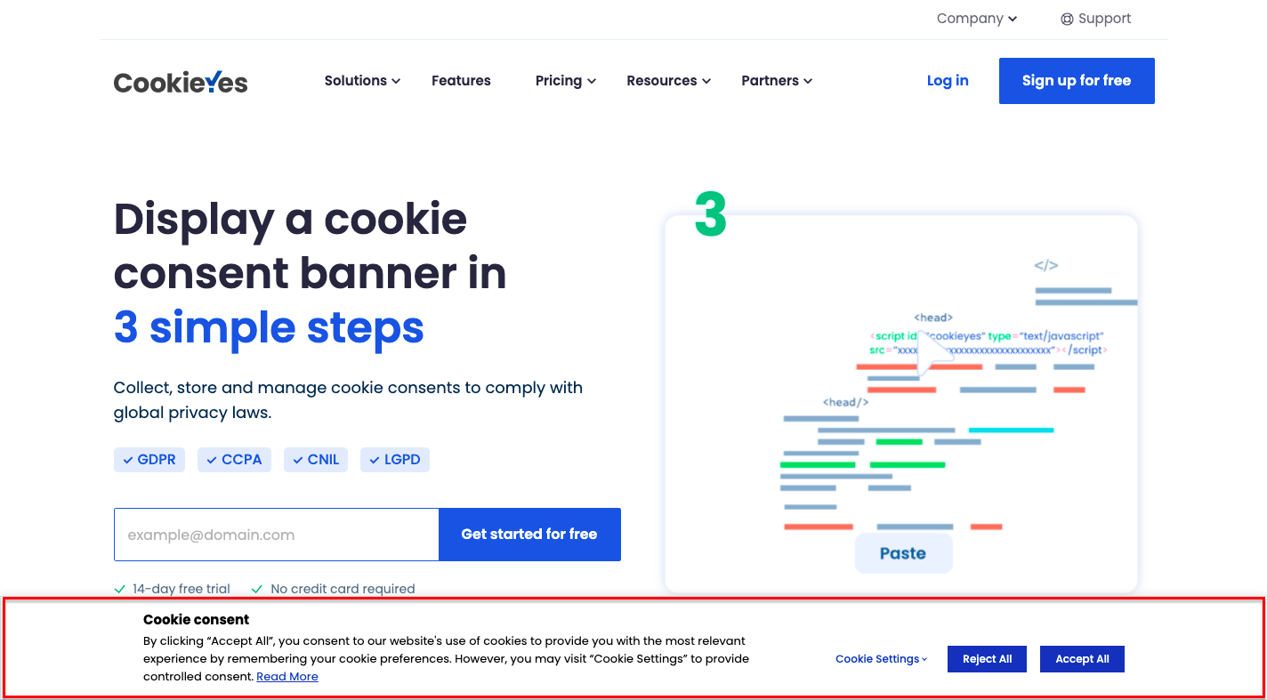 cookie consent banner on CookieYes