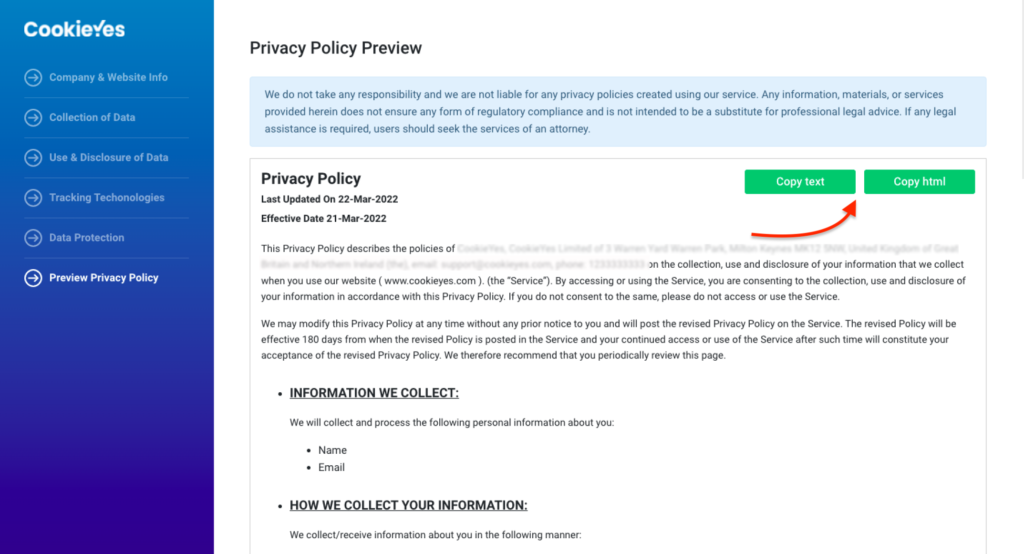 preview of privacy policy for shopify website