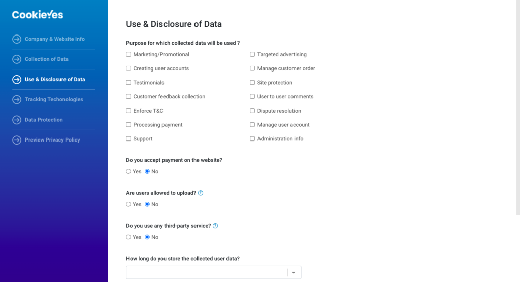 add use & disclosure of data in privacy policy for wix