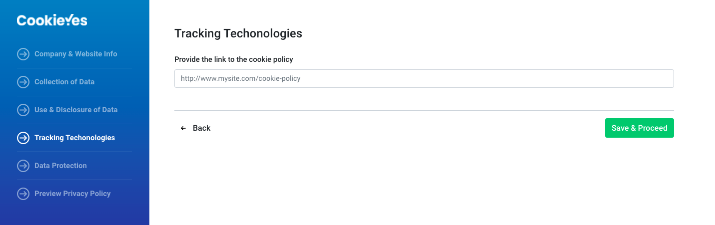 add link to cookie policy on cookieyes privacy policy generator