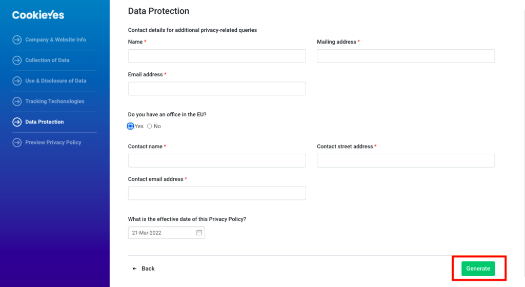 add data protection details in privacy policy for shopify