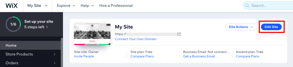 Wix dashboard