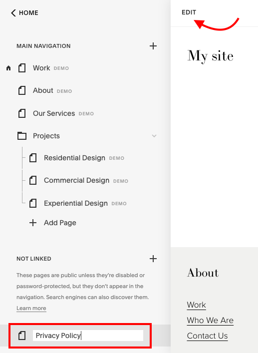 Edit new page on Squarespace