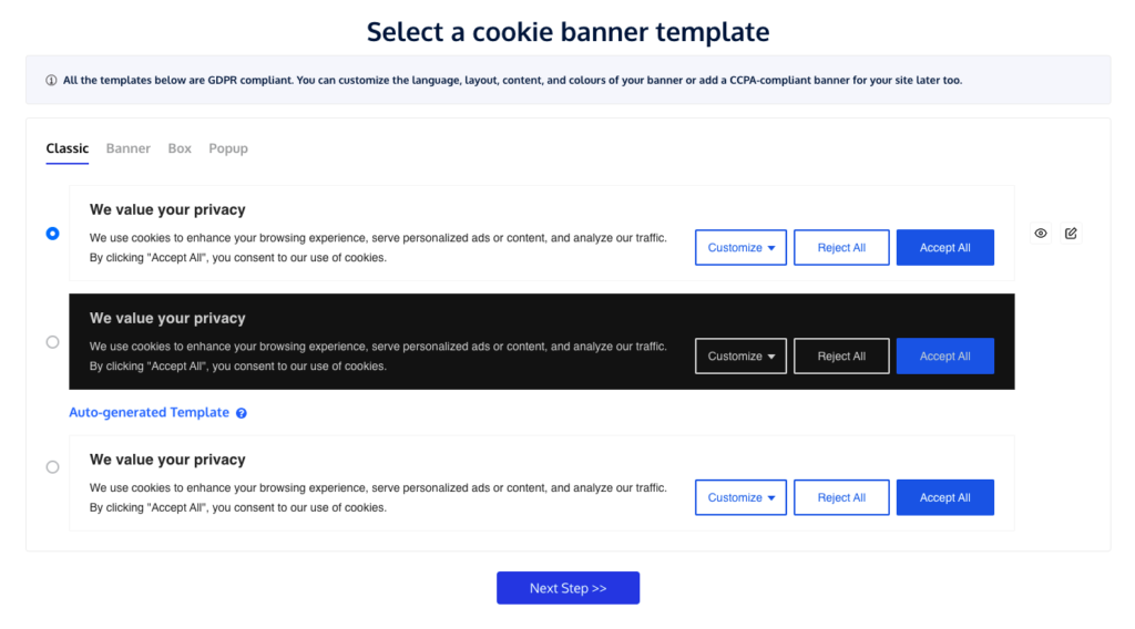 cookieyes setup screen with cookie banner templates