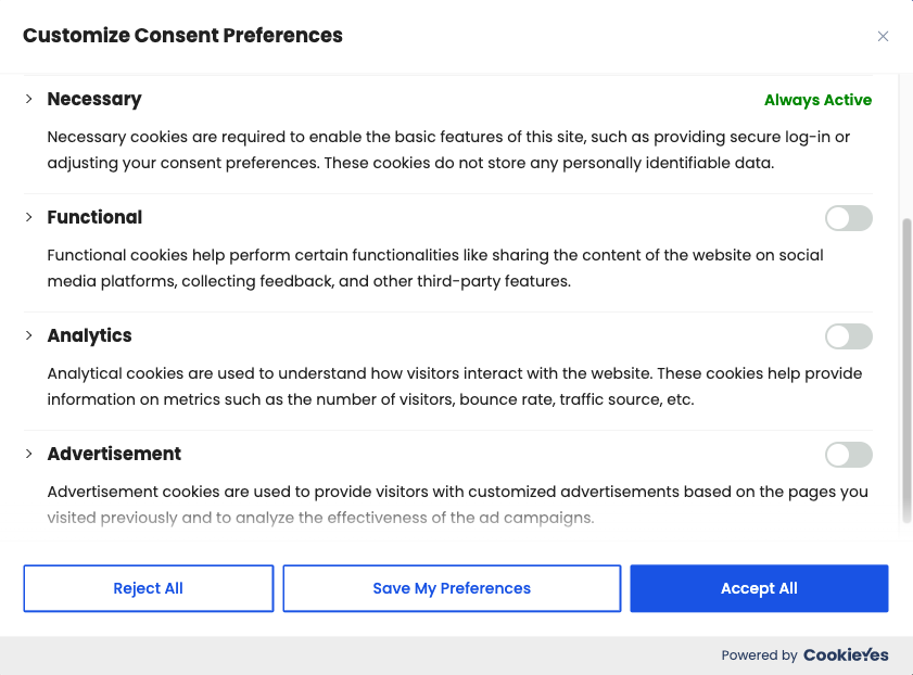 granualr opt in and opt out settings cookieyes