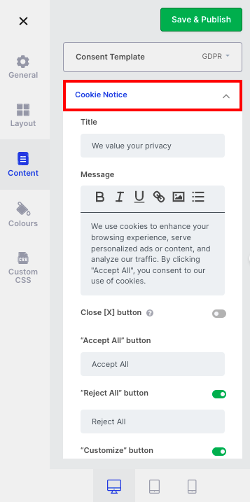 Cookie notice customizations on cookieyes app