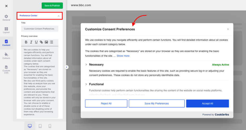 Customize consent preferences on CookieYes app