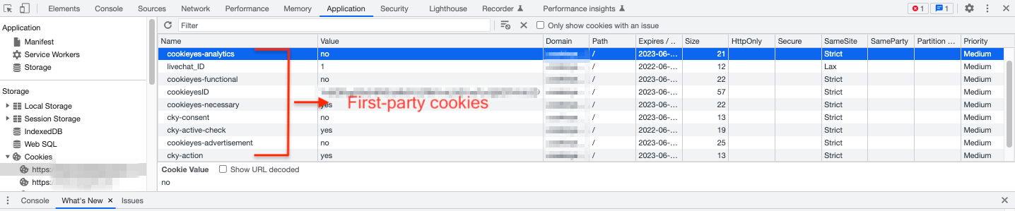 Cookies installed by the site — displayed under the Application tab of the Developer console