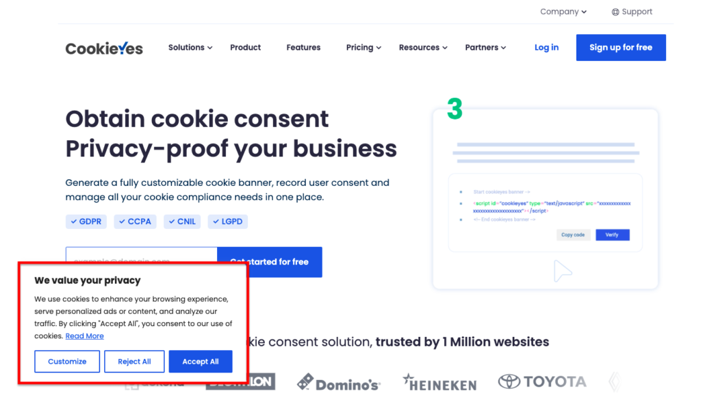 Cookie consent banner on CookieYes website
