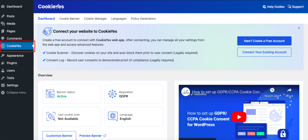 CookieYes plugin on WordPress Dashboard
