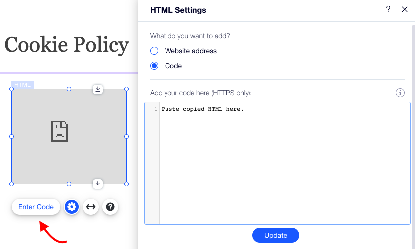 wix editor to add cookie policy page