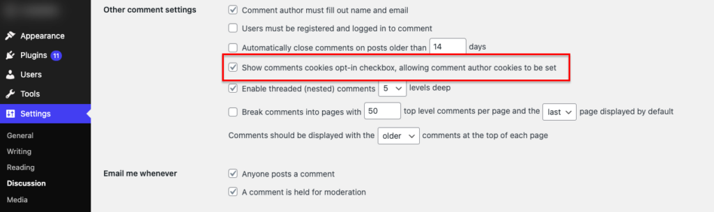 WordPress comments cookie opt-in settings