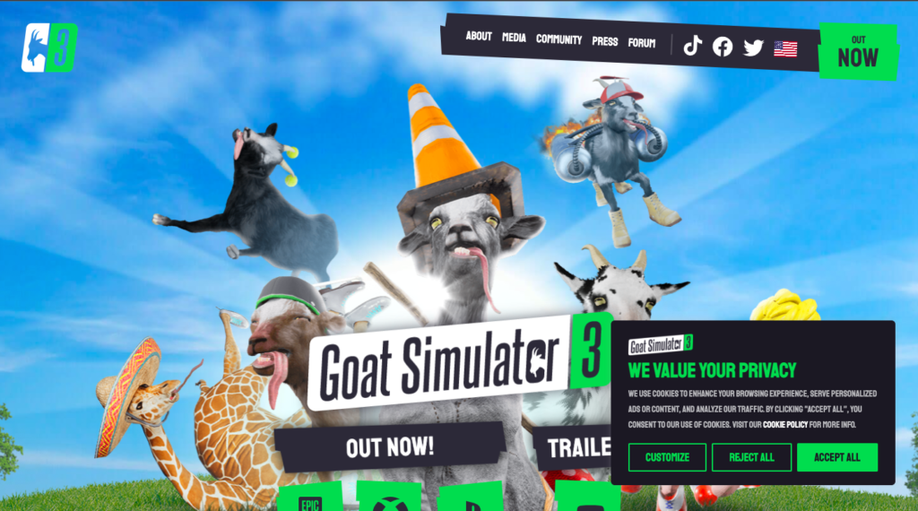 goat simulator homepage cookie consent banner 