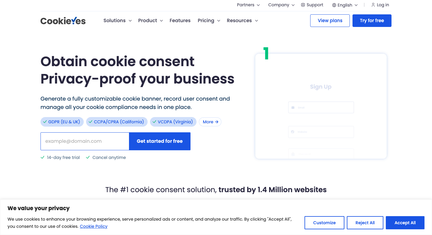 DSGVO-Cookie-Einwilligungsbanner der Website von CookieYes
