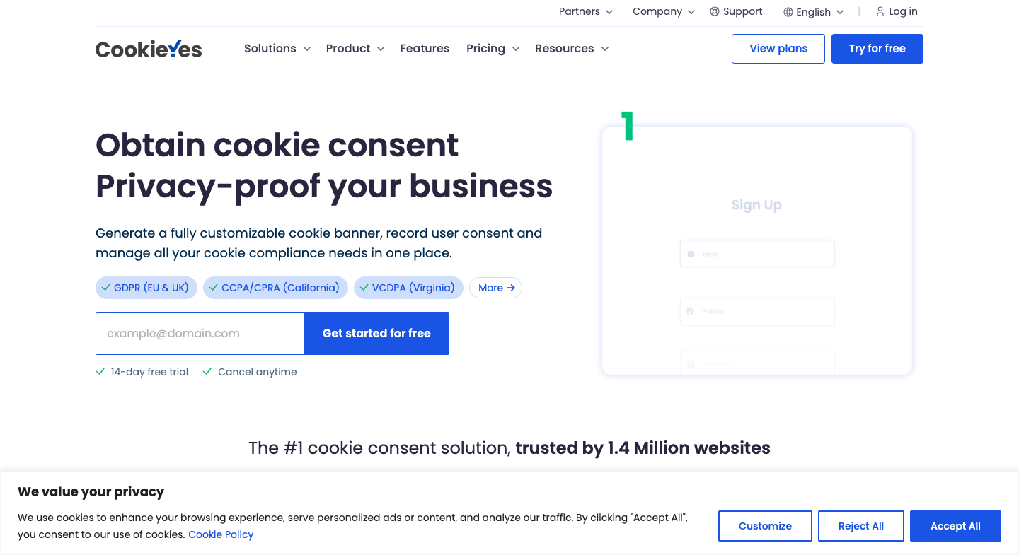 Banner de consentimiento de cookies GDPR del sitio web CookieYes