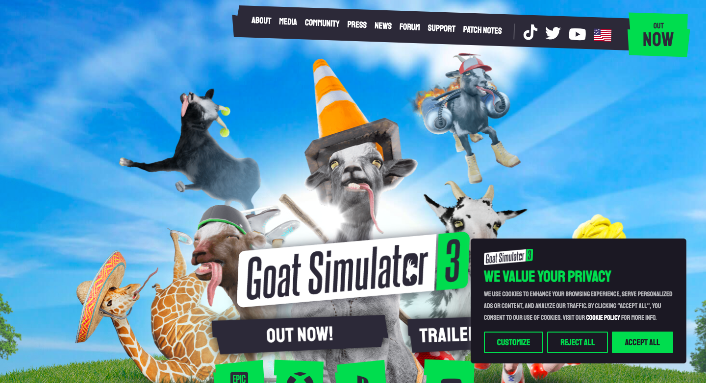 Goat Simulator website's floating GDPR cookie consent banner.