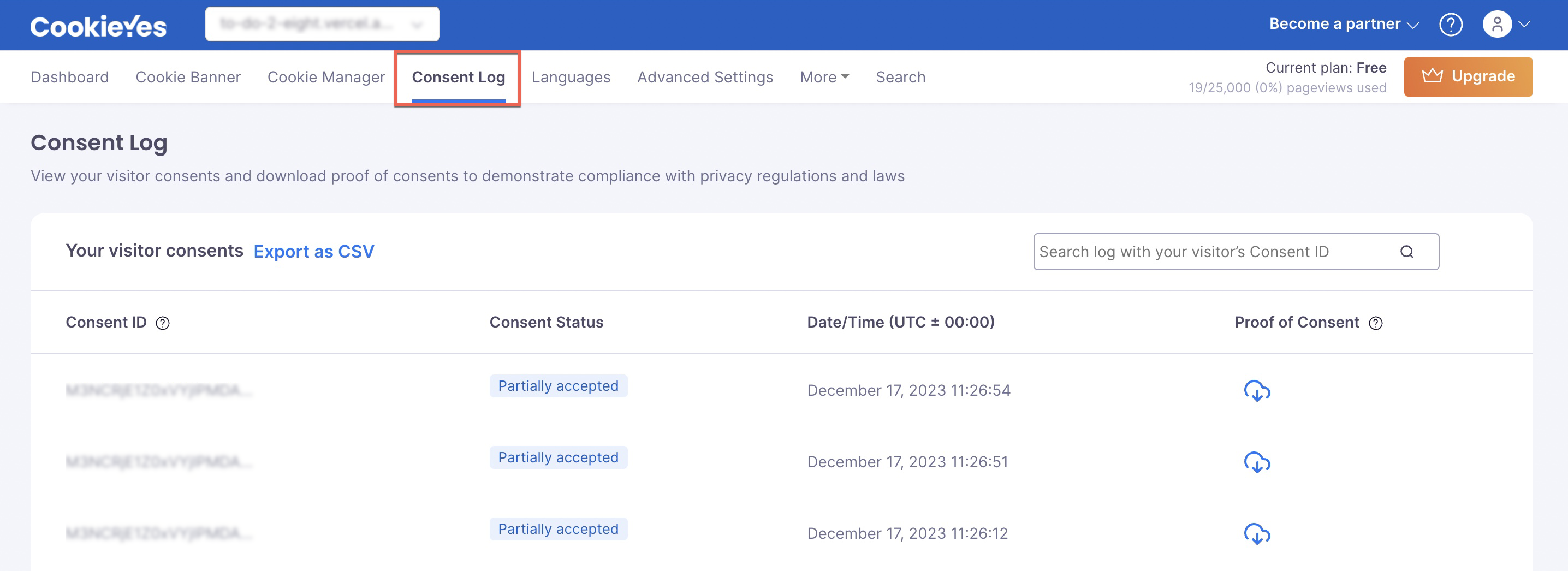 Consent log tab on Webapp