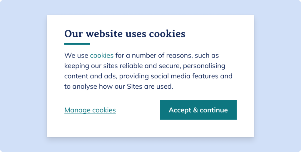 Cookie consent banner without a 'Reject' button, an example of a dark pattern.