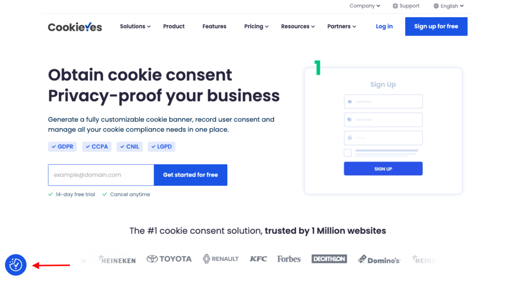 Image of the CookieYes website displaying a preference button at the bottom-left of the page. 