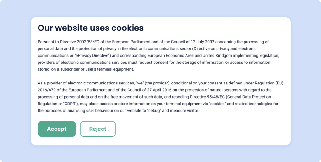 Dark pattern of using complex language or legalese in a cookie banner.