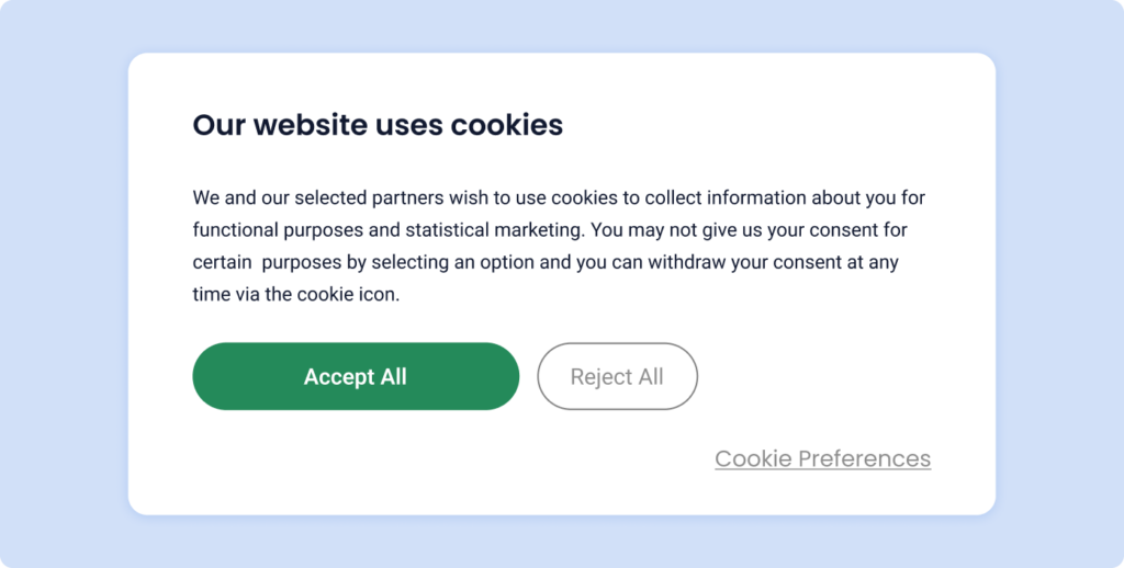 Dark pattern of deceptive button colours and contrast in a cookie banner.