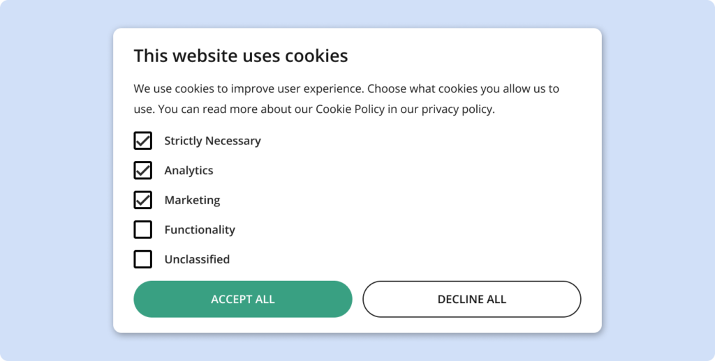Dark pattern of pre-checked cookie categories in a cookie banner.