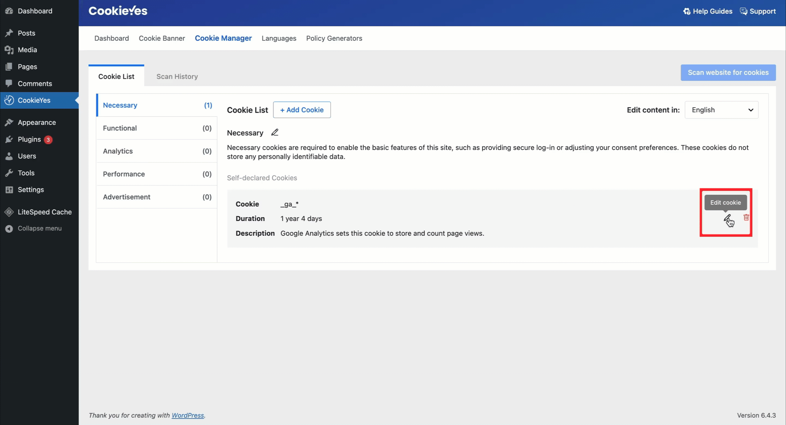 Edit cookie in Cookie Manager