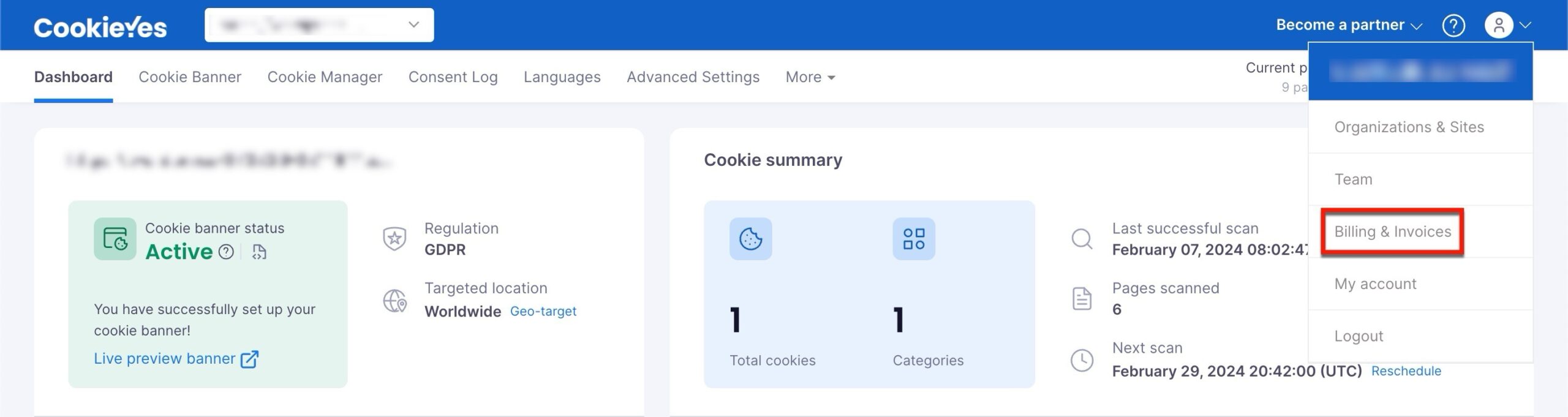 Dashboard- update email