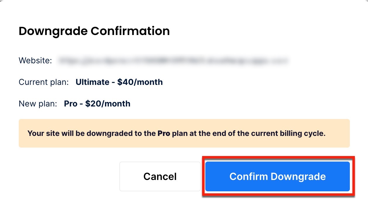 Downgrade Confirmation modal