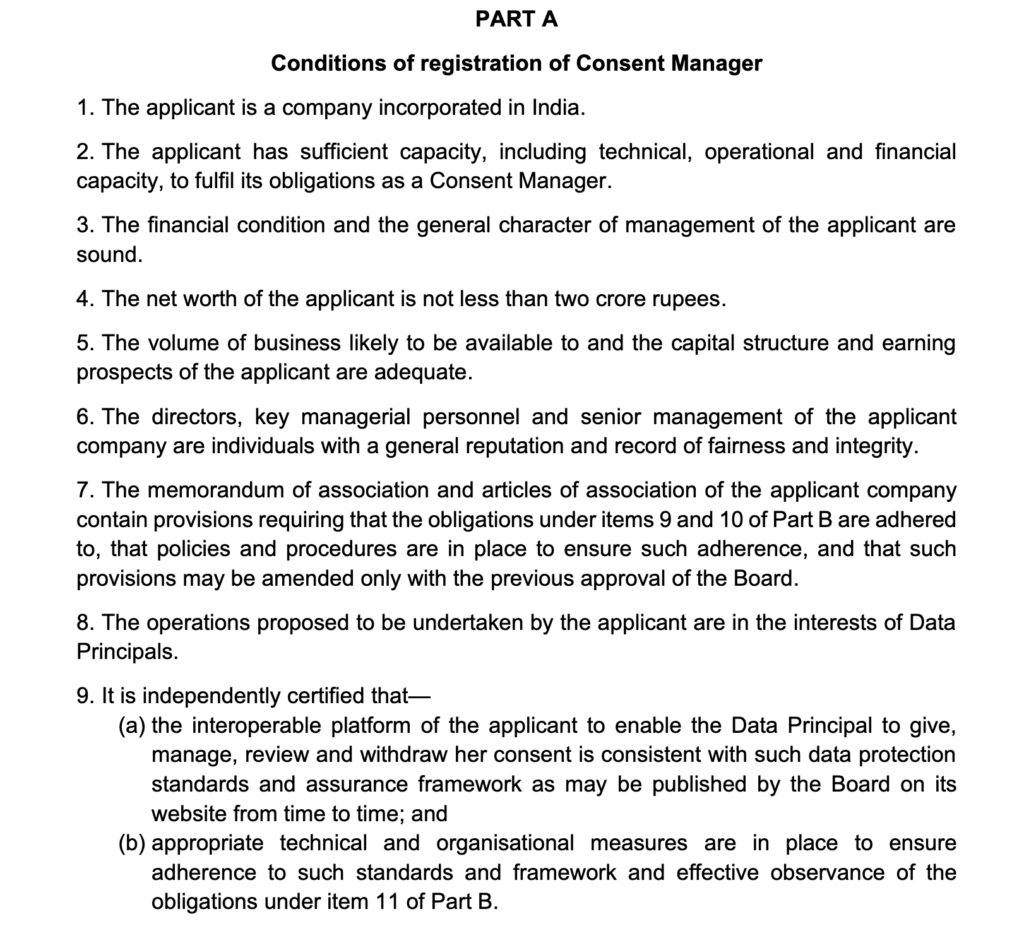 Conditions of registration of consent managers as provided in the Explanatory Notes to the DPDP Act