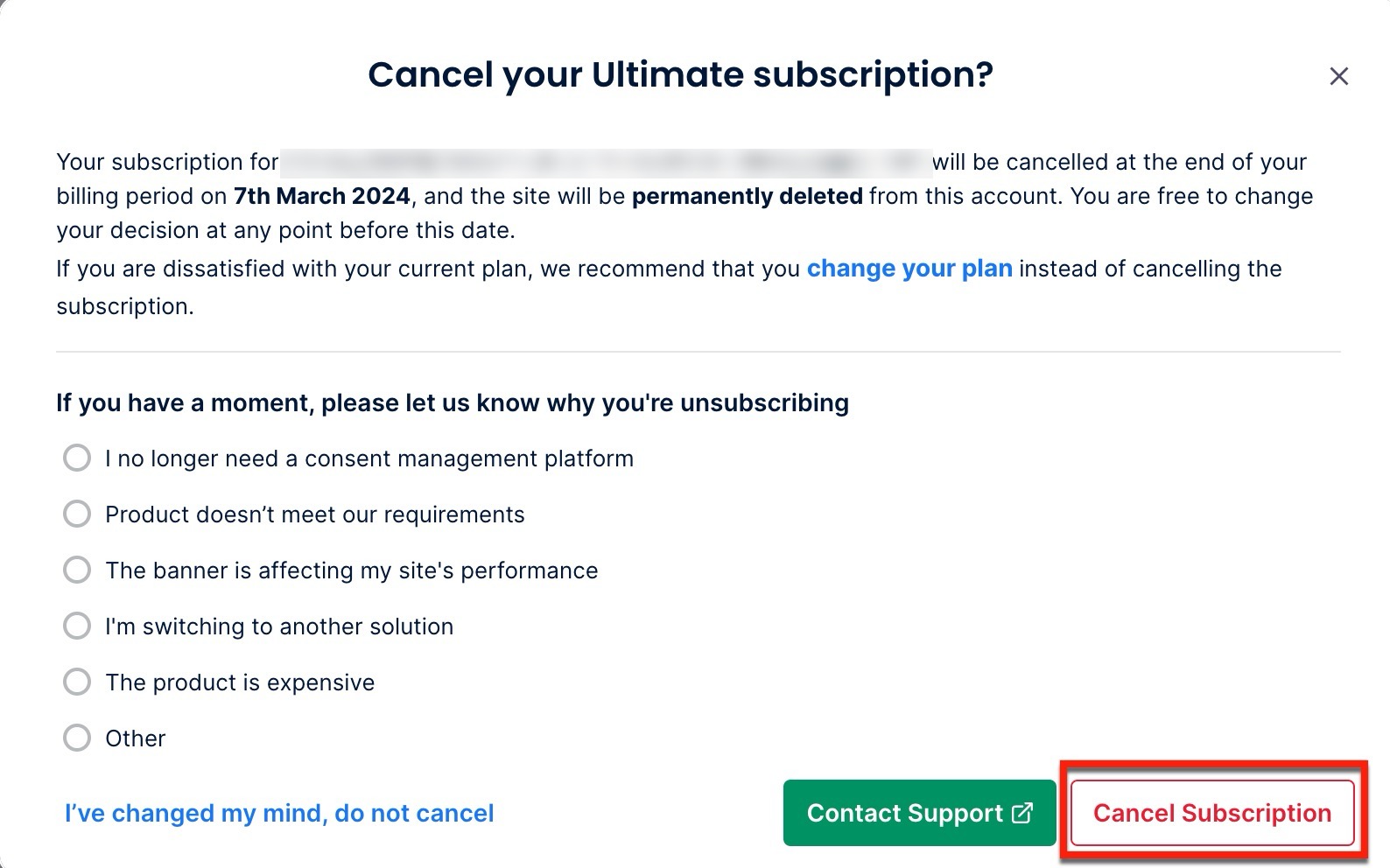 Cancel subscription modal