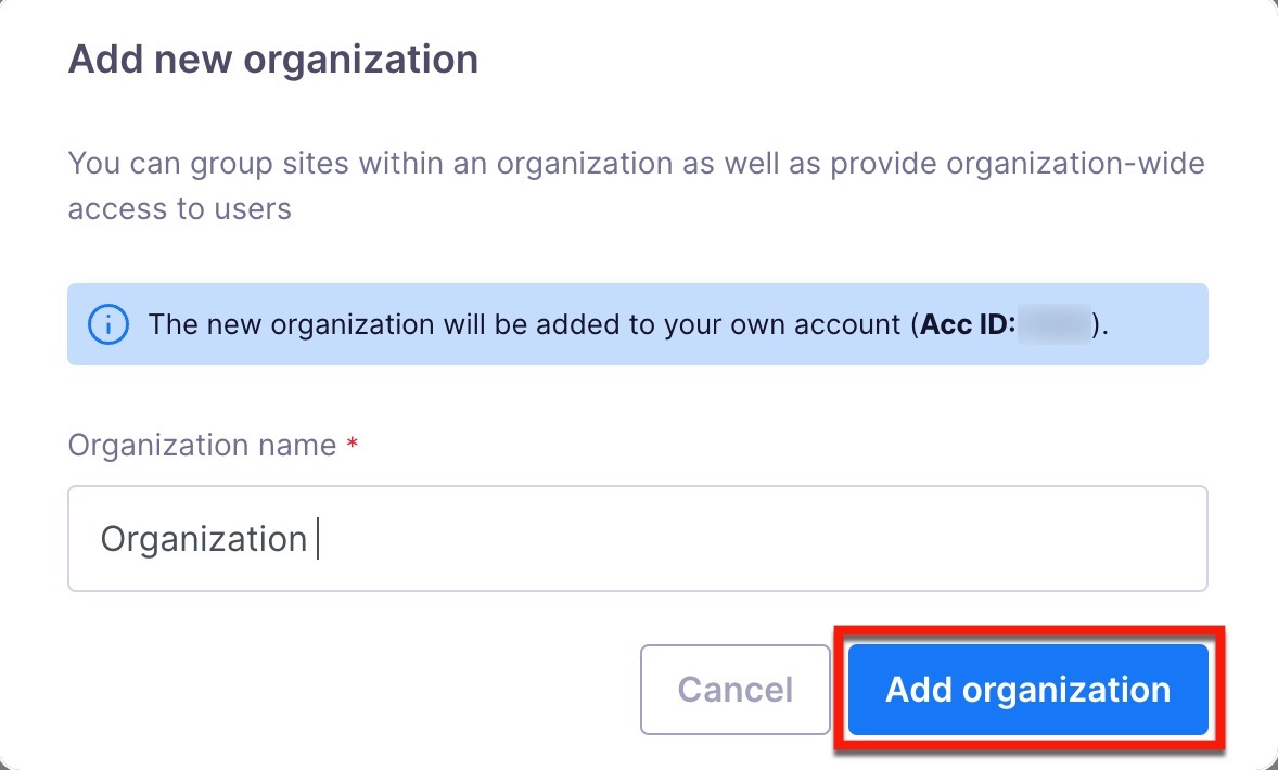Confirmation modal new organization
