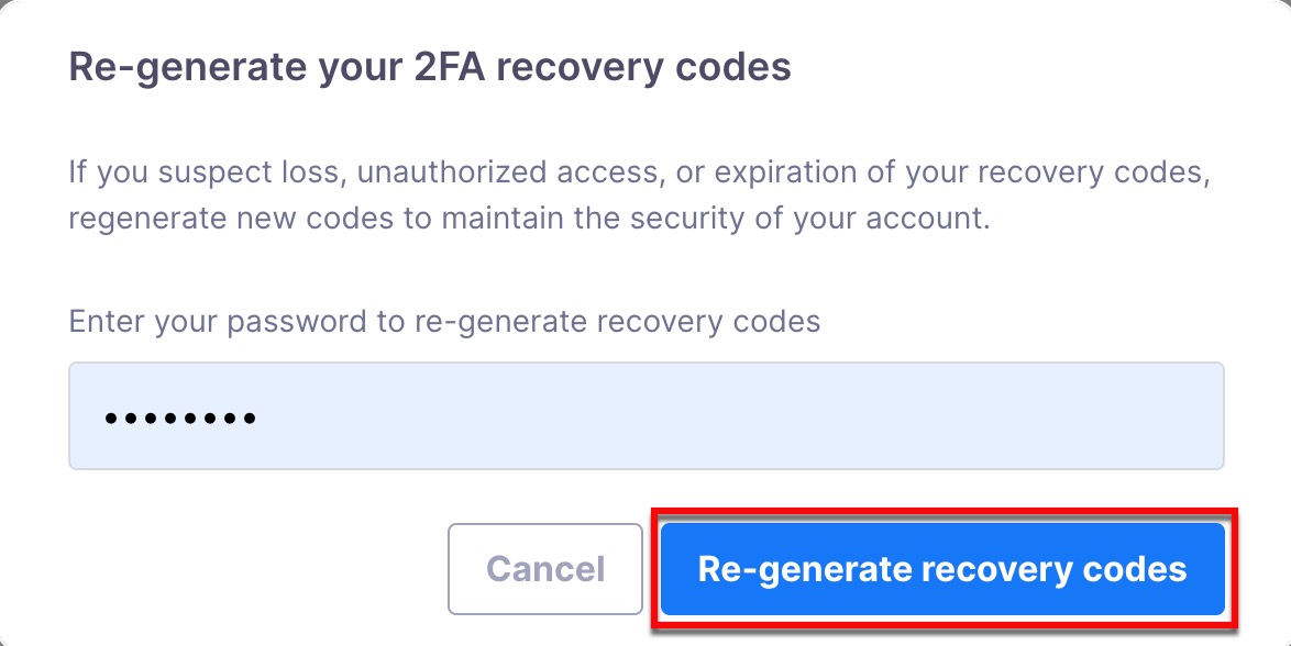 Re-generate recovery codes modal