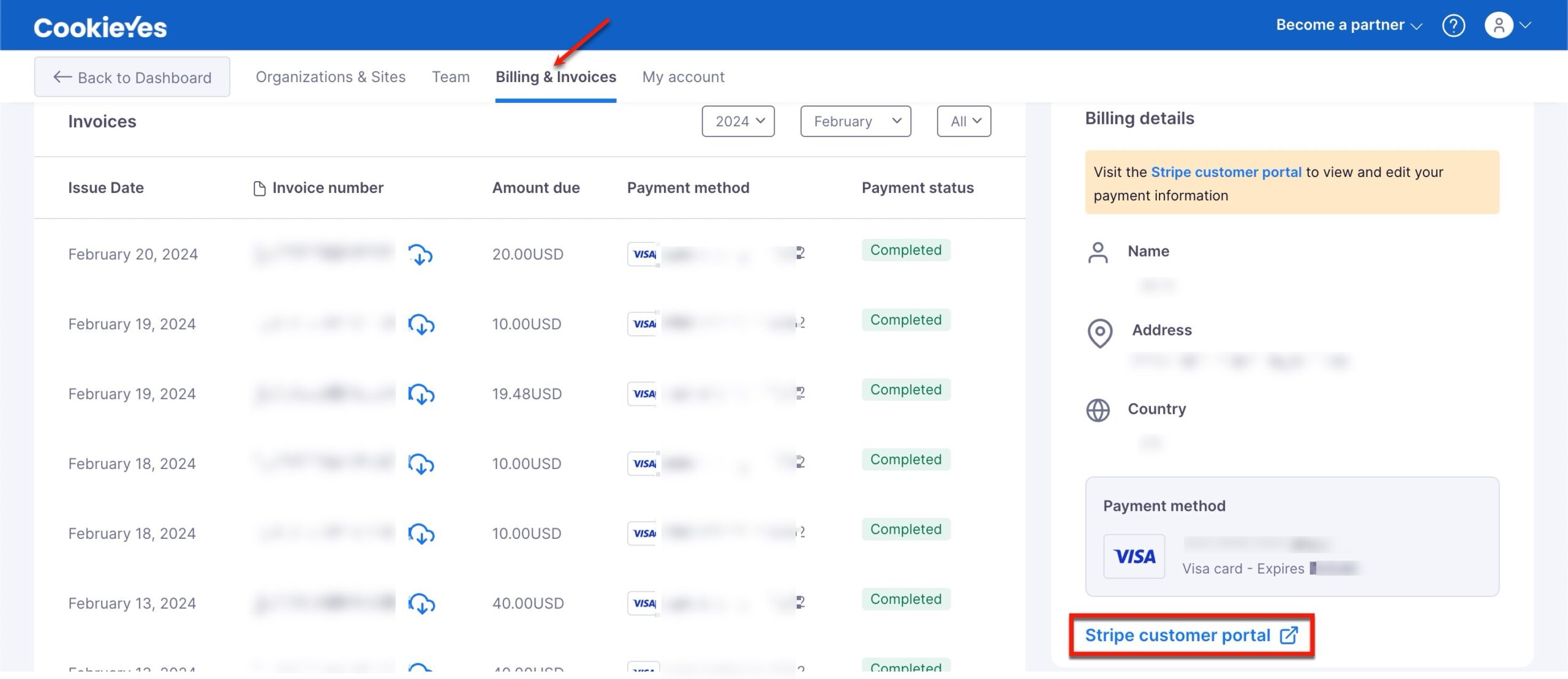 Stripe customer portal: new payment