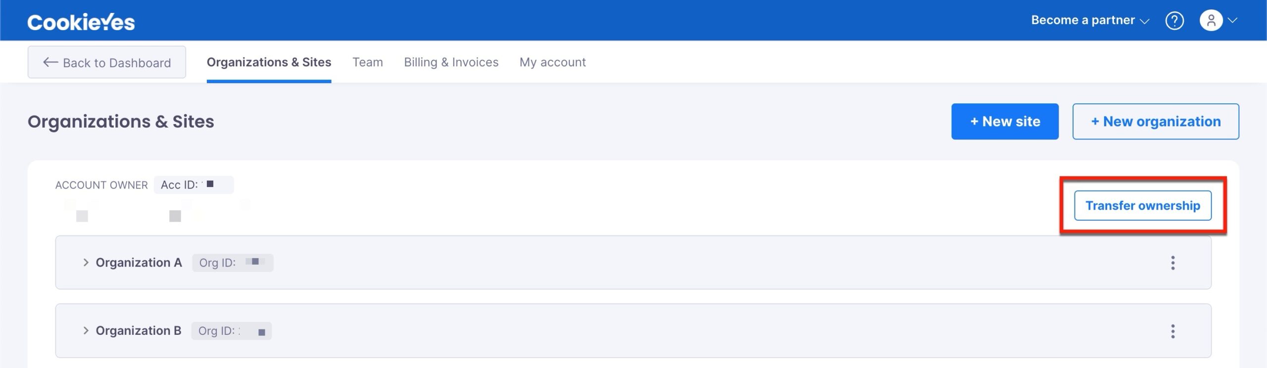 Transfer ownership button