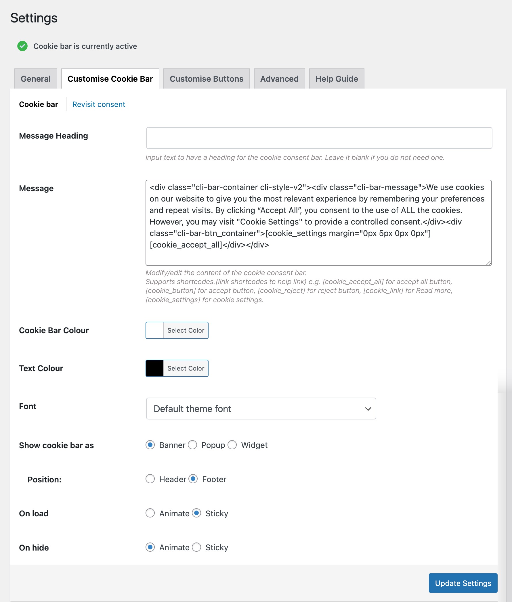 Customise Cookie Bar-Cookie bar settings