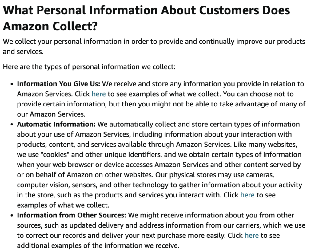 CCPA privacy policy-sources of personal data