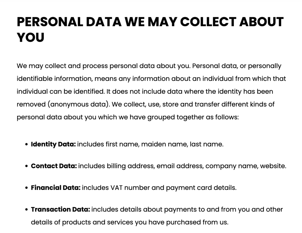 CCPA privacy policy- Categories of personal data collected