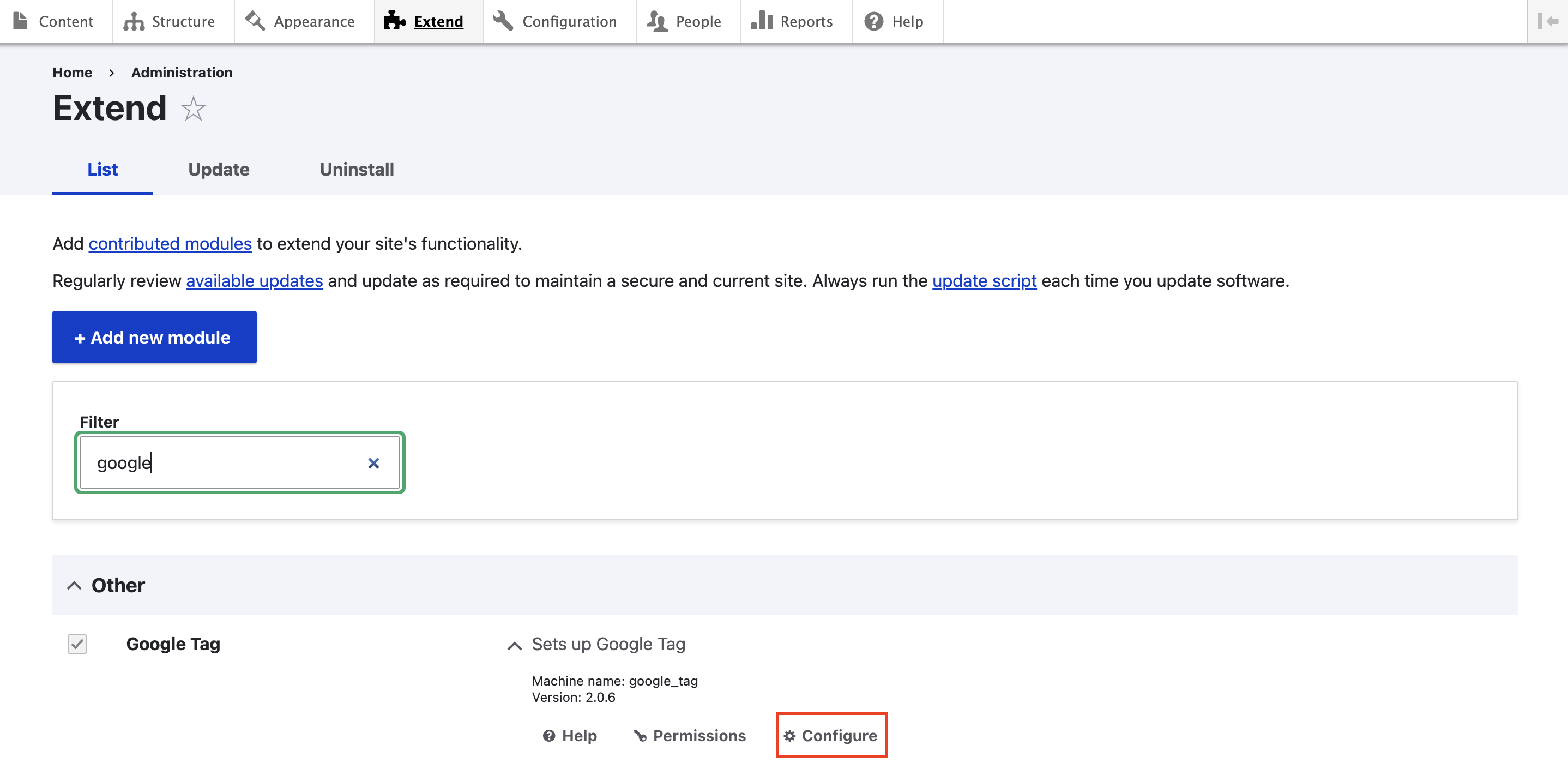 configure extension